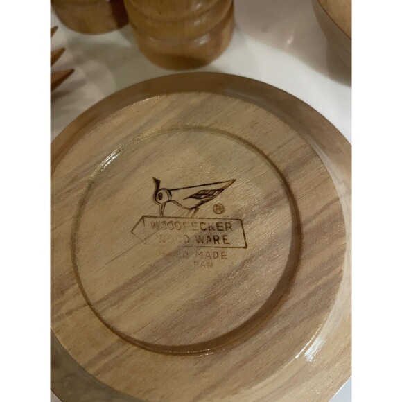 Woodpecker Woodware 9 Piece Salad Bowl Set VTG Light Wood MCM - Picture 5 of 5